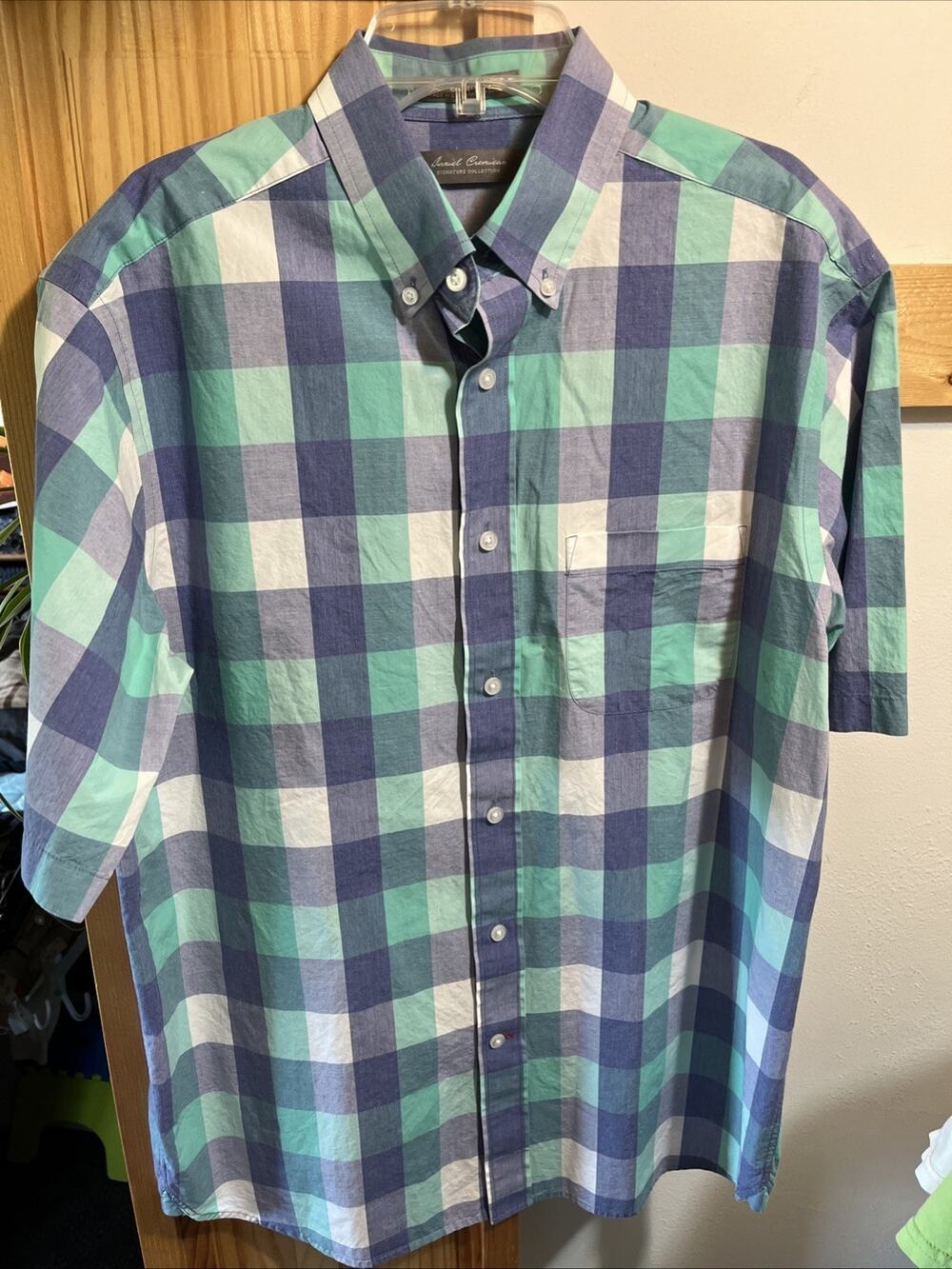 Daniel Cremieux Short Sleeve Shirt M Blue Green Plaid Cotton Button Up